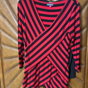 Red and Black Striped V-Neck Top